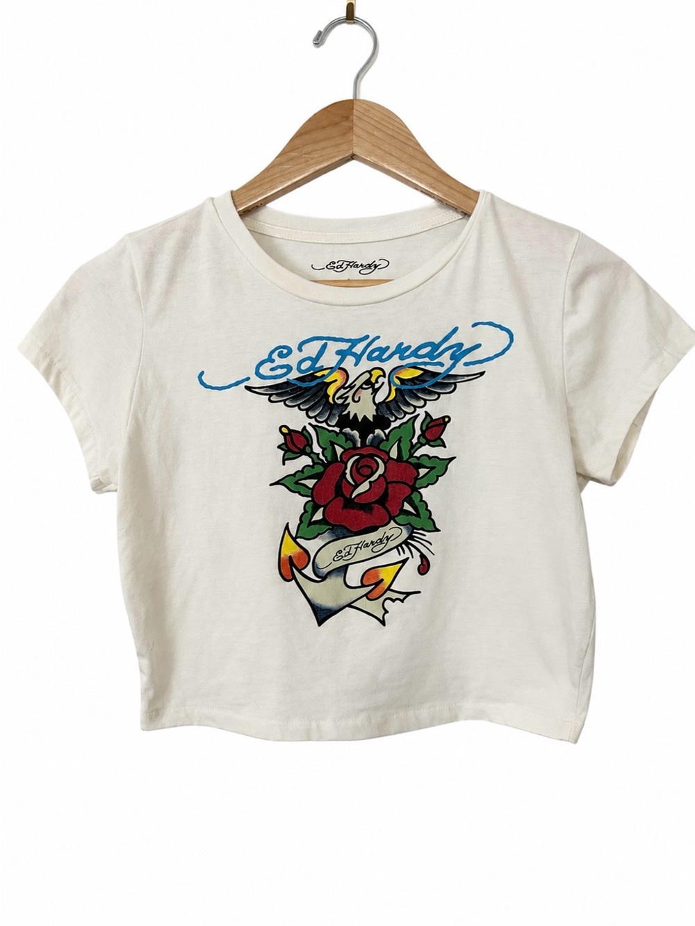Ed Hardy Baby Tee Crop Top Graphic Shirt Y2K Ivory Tattoo Rose Women’s Small